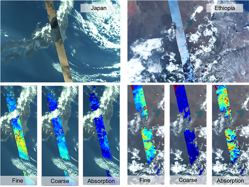 Early data from the SPEXone polarimeter instrument aboard PACE show aerosols in a diagonal swath over Japan on Mar. 16, 2024, and Ethiopia on Mar. 6, 2024. In the top two panels, lighter colors represent a higher fraction of polarized light. In the bottom panels, SPEXone data has been used to differentiate between fine aerosols, like smoke, and coarse aerosols, like dust and sea spray. SPEXone data can also measure how much aerosols are absorbing light from the Sun. Above Ethiopia, the data show mostly fine particles absorbing sunlight, which is typical for smoke from biomass burning. In Japan, there are also fine aerosols, but without the same absorption. This indicates urban pollution from Tokyo, blown toward the ocean and mixed with sea salt. The SPEXone polarization observations are displayed on a background true color image from another of PACE’s instruments, OCI. Credit: SRON