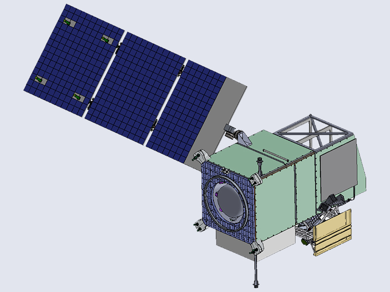 Illustration of the PACE observatory with solar panel (dark blue) deployed. In this perspective, the Ocean Color Instrument is located toward the bottom right. The S-band omni-directional command and telemetry antenna is pointing down (foreground). Credit: NASA PACE