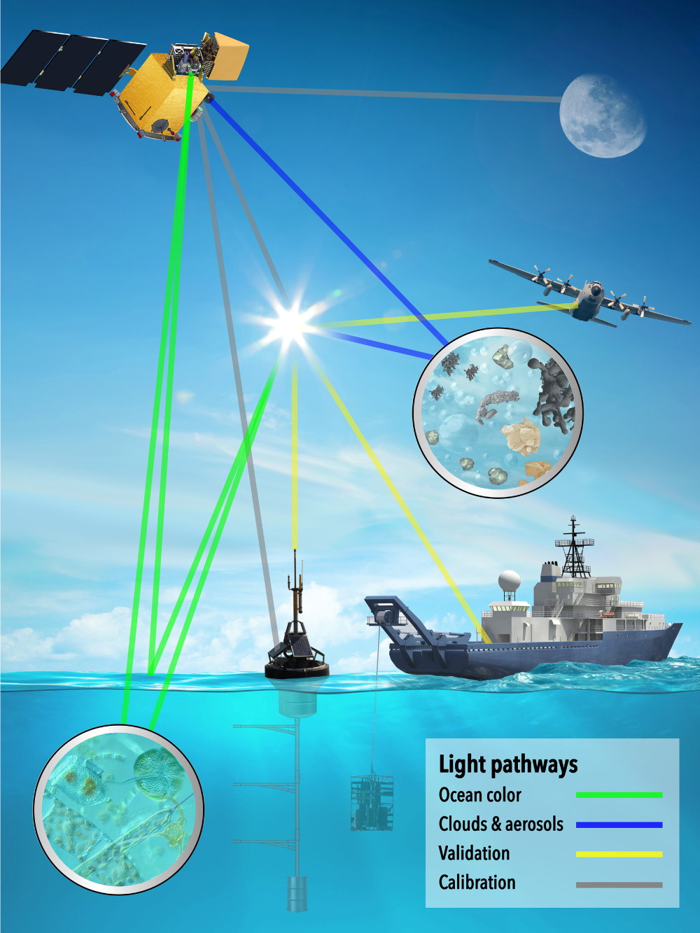 Scientists will use several instruments and tools to gather and measure optical and biogeochemical particle data. Some will use light to measure qualities such as backscatter. Others will physically collect or filter water. Remote-sensing data will also be gathered.