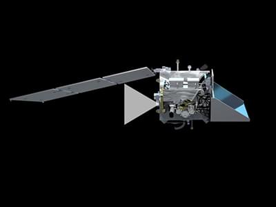In this animation, a digital model of the PACE spacecraft is shown rotating on a blank background.