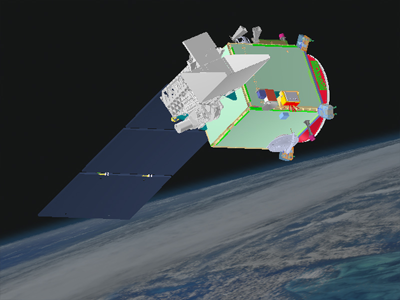 A graphic rendering of the PACE Observatory, with solar panels deployed. Credit: NASA GSFC