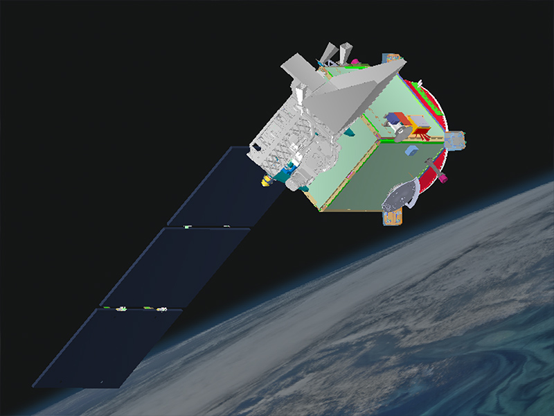 A graphic rendering of the PACE Observatory, with solar panels deployed. Credit: NASA GSFC