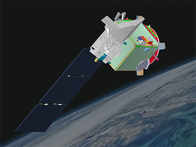A graphic rendering of the PACE Observatory, with solar panels deployed. Credit: NASA GSFC