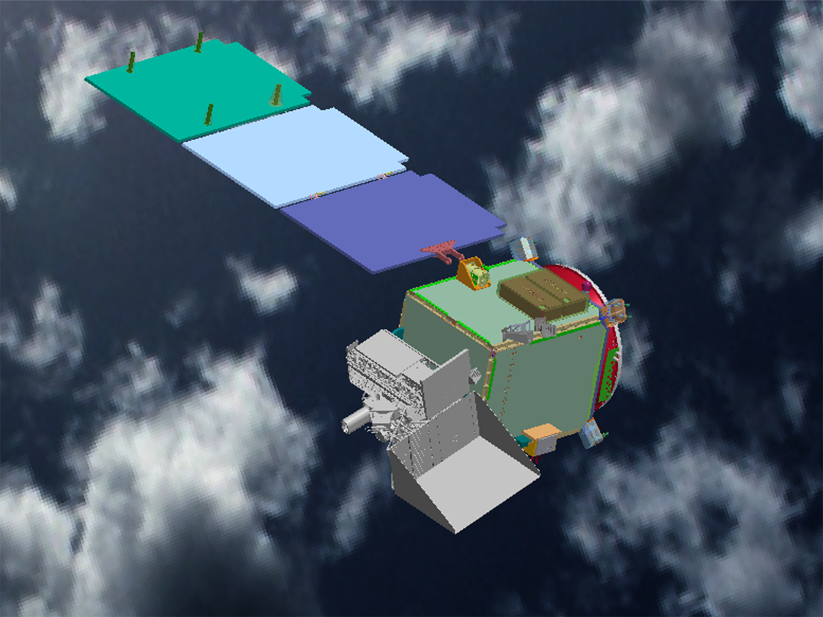 The PACE Observatory from above, with solar panels deployed.