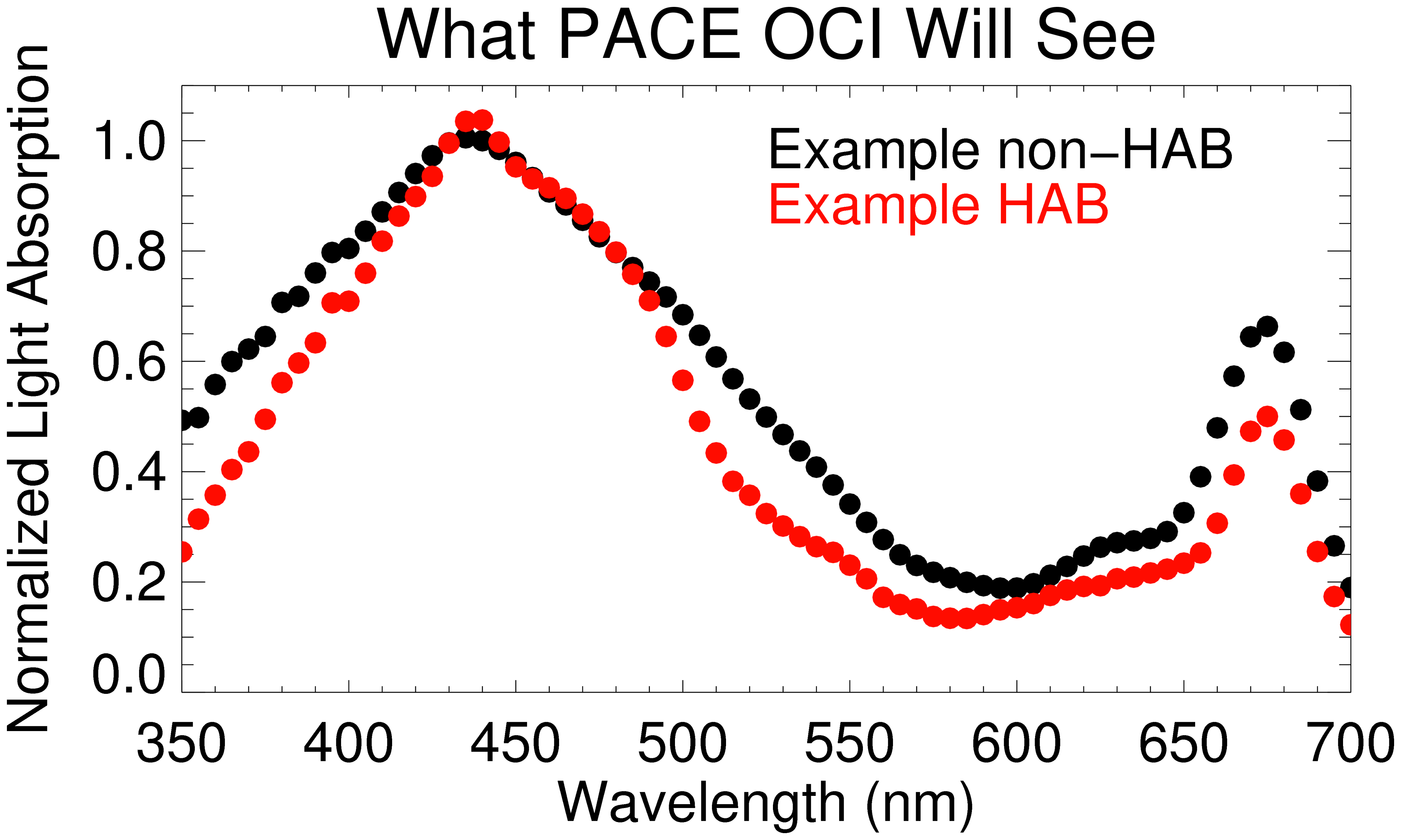 Graph: normalized light absorption vs wavelength: what PACE OCI will see