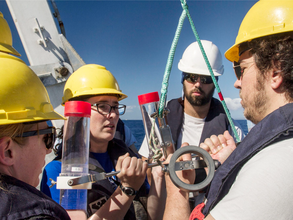 Scientists prepare to deploy a sediment trap