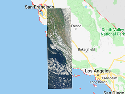 The first SeaHawk image, captured by the HawkEye sensor on March 21, 2019 from an altitude of 588 km, superimposed on a map of California. Credit: NASA GSFC