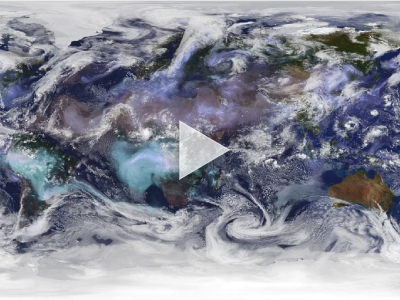 This simulation shows clouds (white), dust (brown shades), sulfates (purple shades), and organic black carbon (green shades) at 7-kilometer resolution from September 1, 2005 to December 31, 2005 (hourly). Credit: NASA’s Scientific Visualization Studio