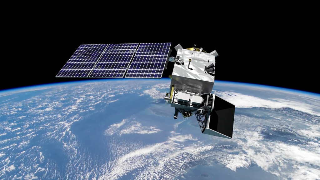 This rendering shows a model of the PACE spacecraft as it orbits Earth.