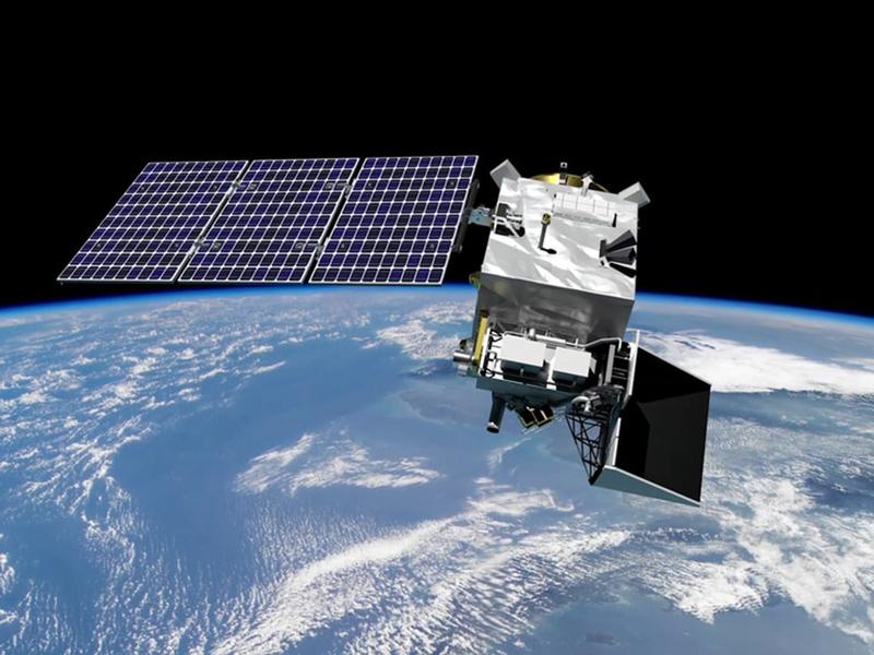 This rendering shows a model of the PACE spacecraft as it orbits Earth. Credit: NASA GSFC