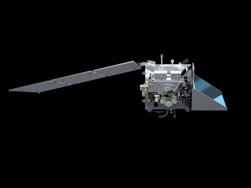 A digital rendering of the Plankton, Aerosol, Cloud, ocean Ecosytem (PACE) spacecraft on a black background. Credit: NASA GSFC