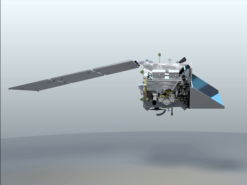 A digital rendering of the Plankton, Aerosol, Cloud, ocean Ecosytem (PACE) spacecraft on a grey background. Credit: NASA GSFC